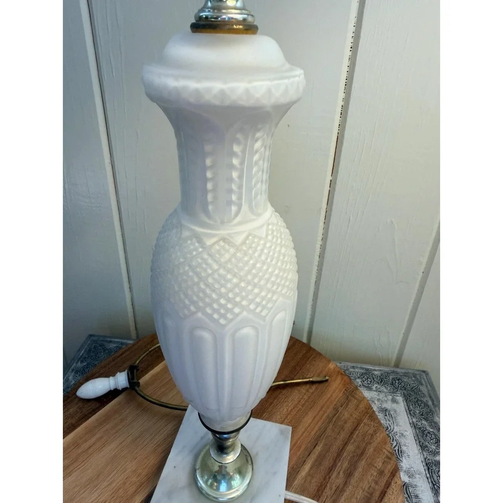 Vintage Frosted Satin Glass Table Lamp White Marble Base MCM Neoclassical White - Picture 3 of 16